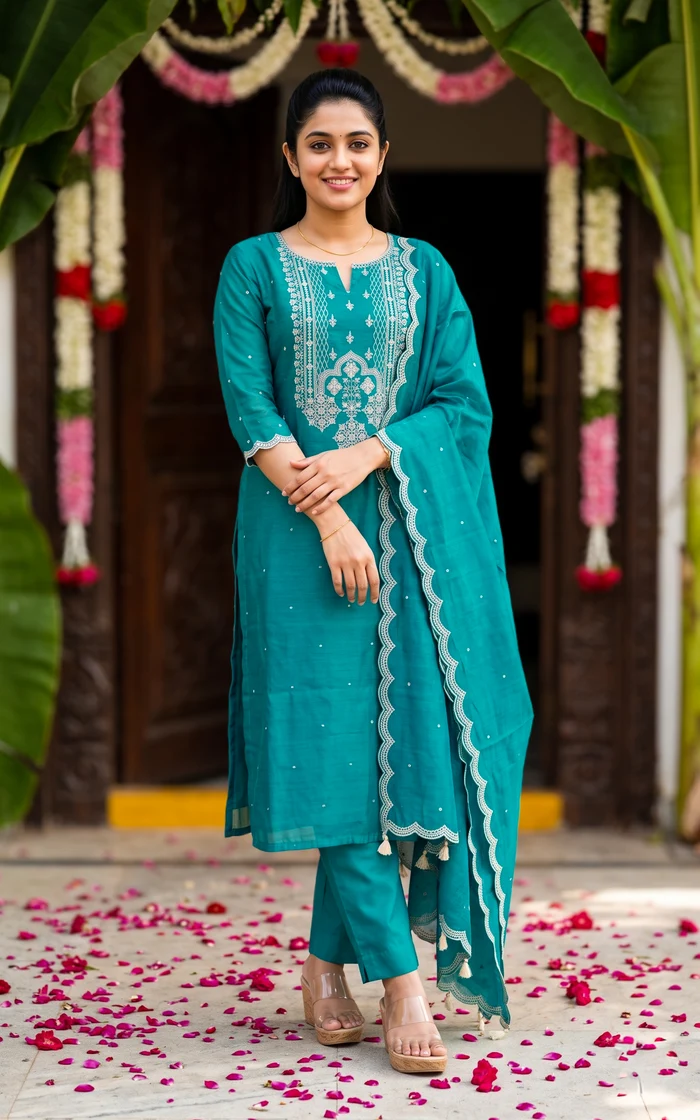 Teal Blue Thread Embroidered Straight Salwar set